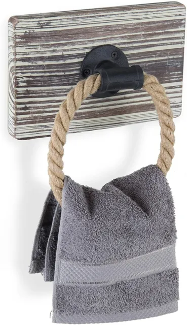 MyGift Rustic-Industrial Wall-Mounted Torched Wood & Rope Towel Ring
