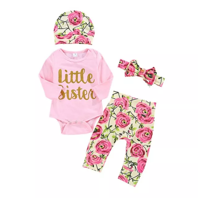 4Pcs Infant Newborn Baby Girl Clothes Outfits Set Romper Tops Pants Headband Hat