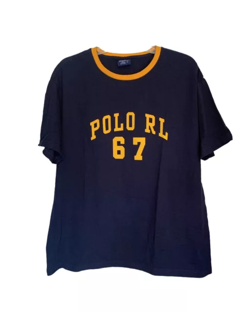 Mens POLO by RALPH LAUREN Maize & Blue Ringer T-shirt Shirt Large L EUC Spellout