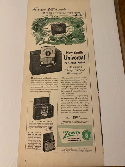 Vintage 1950 Zenith Universal Portable Radio A New Thrill ad