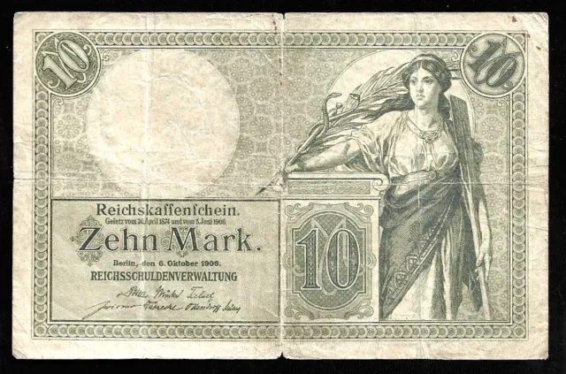 World Paper Money - Germany 10 Zen Mark 1906 Reichskassenschein @ VG-F Cond.