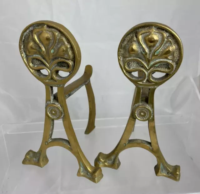 Pair Brass Arts & Crafts Art Nouveau Fire Dogs Andirons Fireside Supports (C8)