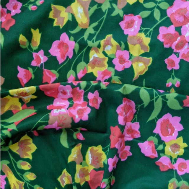 Vintage 60s 70s Floral Fabric, Large Floral Print, Green Pink Yellow Poly Blend