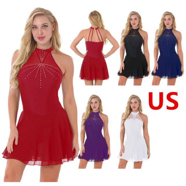 US Women Dancewear Shiny Gymnastic Leotard Sleeveless Cutout Back Skating Dress