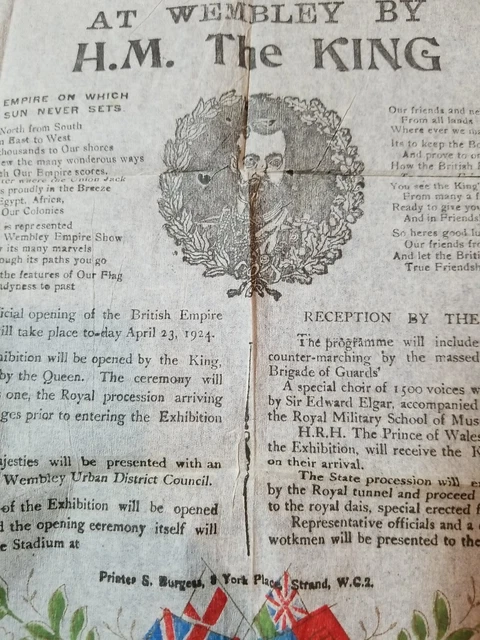 British Empire Exhibition Opening Tissue Flyer Wembley By HM The King 1924  A3