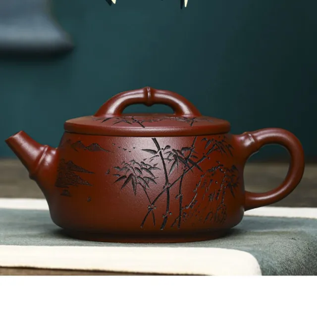 Chinese Yixing Purple Clay Teapot Zisha Handmade Ceramic Carving Bamboo Teaware