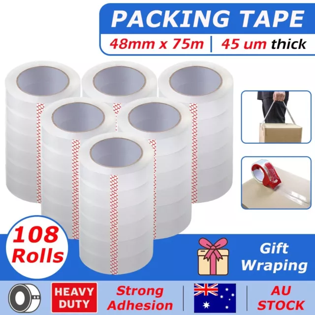 108x Packing Tape Packaging Sticky Sealing Tapes 48mm 75M Transparent Adehesive