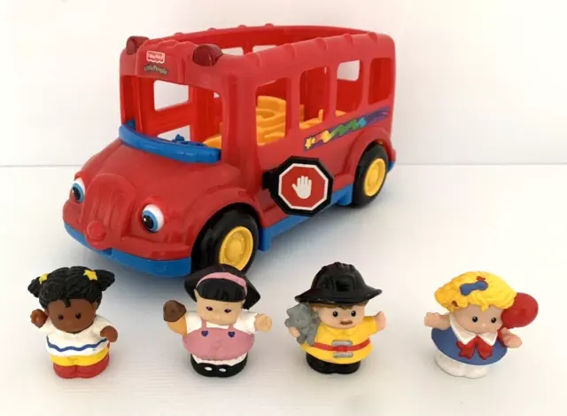 Fisher Price Little People Stop & Go Red School Bus Lights & Sounds & 4 People