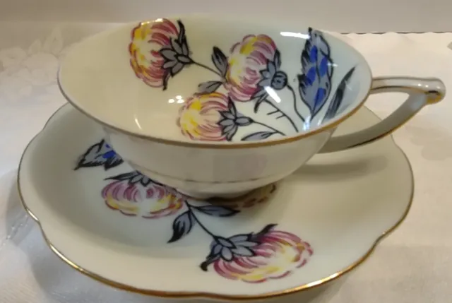 Vintage Ucagco Porcelain China Footed Cup & Saucer Floral Pattern with Gold Trim