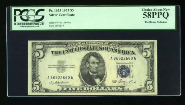 DBR $5 1953 Silver Fr. 1655 AA Block PCGS 58 PPQ Serial A86522660A
