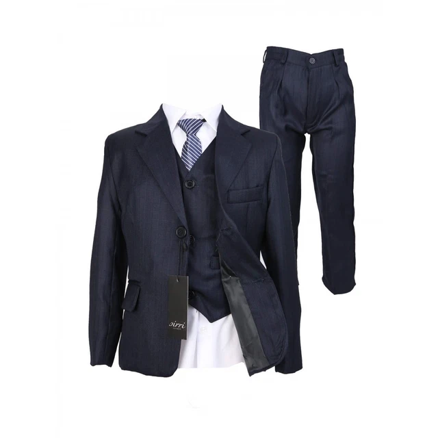 Kids 5 Piece Dark Navy Suit Wedding Communion Suits For Boys With A Stripped Tie