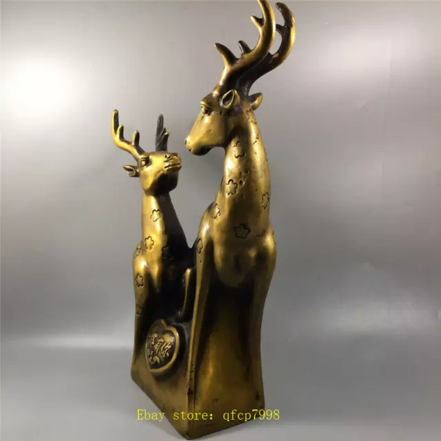 15.75" Chinese Exquisite pure brass Handmade Double deer statue Xuande Mark 3