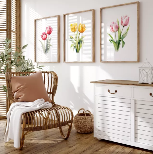 Set of 3 Watercolor Tulip Botanical Wall Art, Minimalist Poster, Floral Wall Art