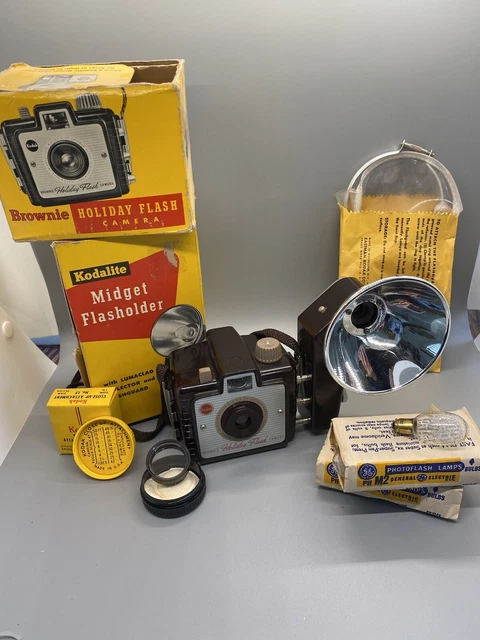 De colección Kodak Brownie cámara de vacaciones flash conjunto caja original, protector de flash, pho