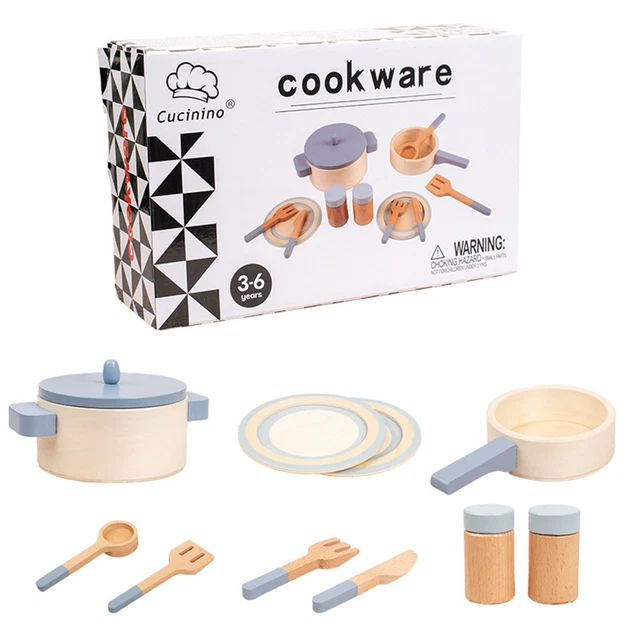 Wooden Kitchen Toy Set Pots And Pans Kitchen Set For Kids, 10x Cooking Utensils