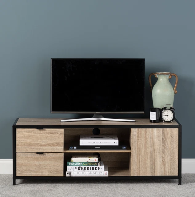 TV-Ständereinheit - helle Eiche Oberfläche mit mattschwarzem Metallrahmen 450 mm H