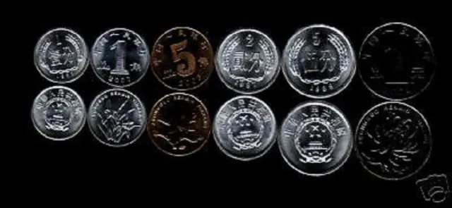 China 1 2 5 Fen 1 5 Jiao 1 Yuan 1982-2011 Unc Chinese Currency Coin Complete Set