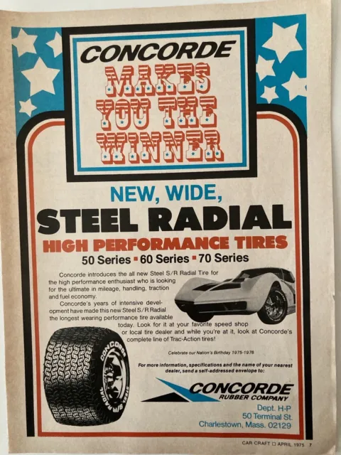 1975 Concorde Rubber Company Tire Print Ad Steel S/R Radial Chevy Corvette