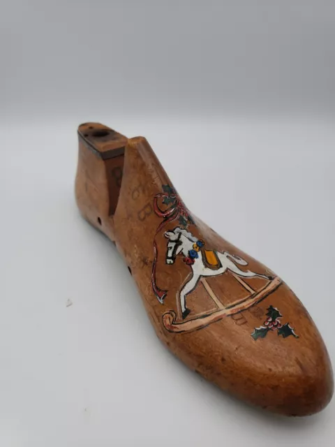 Vintage Folk Art Wooden Hand Painted Rocking Horse & Holly Shoe Form Mold 9.5"