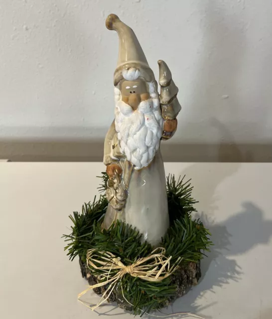 Santa Claus Figurine Pottery Stoneware Attached To Wooden Base