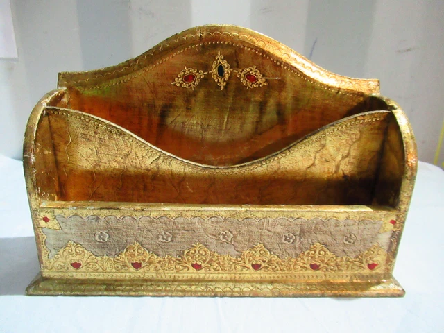 Ancien Porte Lettre Florentin Italie En Bois Peint & Doré-N°524