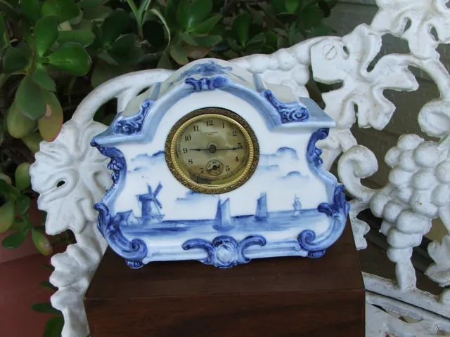 Early 1900s DELFT Art Deco, Nouveau HAND PAINTED MANTEL CLOCK Newhaven USA Works
