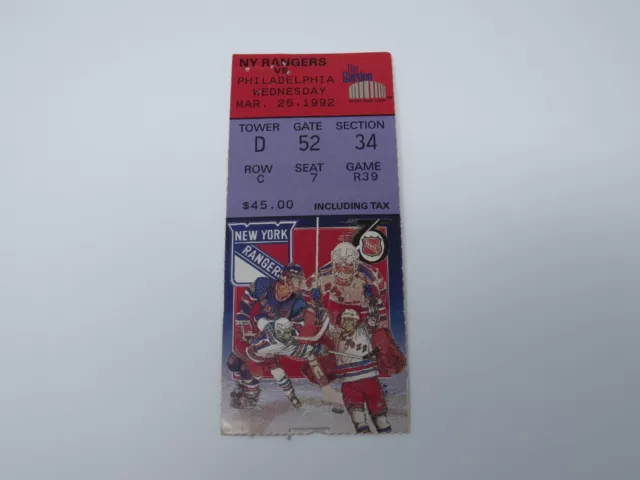 March 25, 1992 New York Rangers Vs Philadelphia Flyers Hockey Ticket Stub Leetch