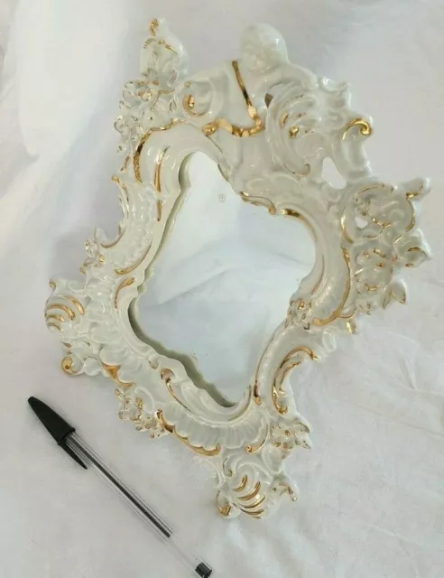 Ancien miroir porcelaine de Limoges, décor chérubin, blanc et dorure