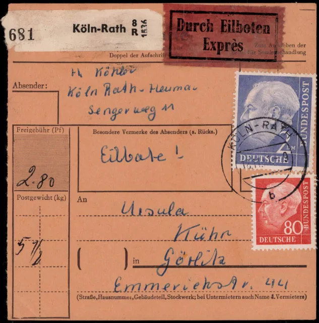 Köln; Köln-Rath, 2 DM Heuss und 80 Pf Heuss II, Express-Paketkarte 1961, Görlitz