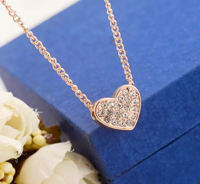 18K Rose Gold Filled Women's Simple Heart Crystal Charm Pendant Necklace Gift