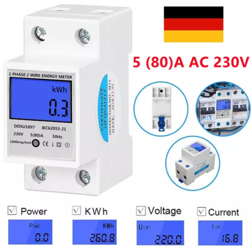 LCD Wechselstromzähler Stromzähler Geeicht Für DIN Hutschiene 5 (80)A AC 230V DE