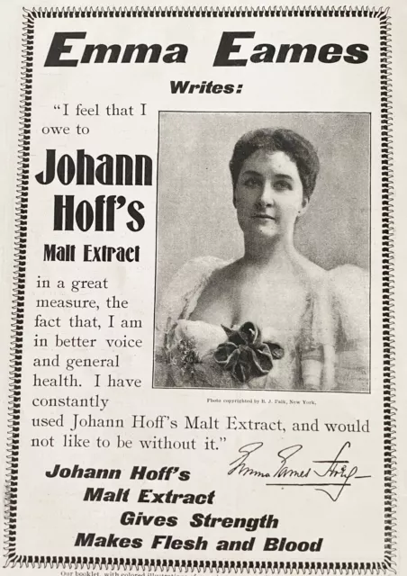 1899 JOHANN HOFF'S Malt Extract Vtg Quackery Print Ad w/Soprano Emma Eames Photo