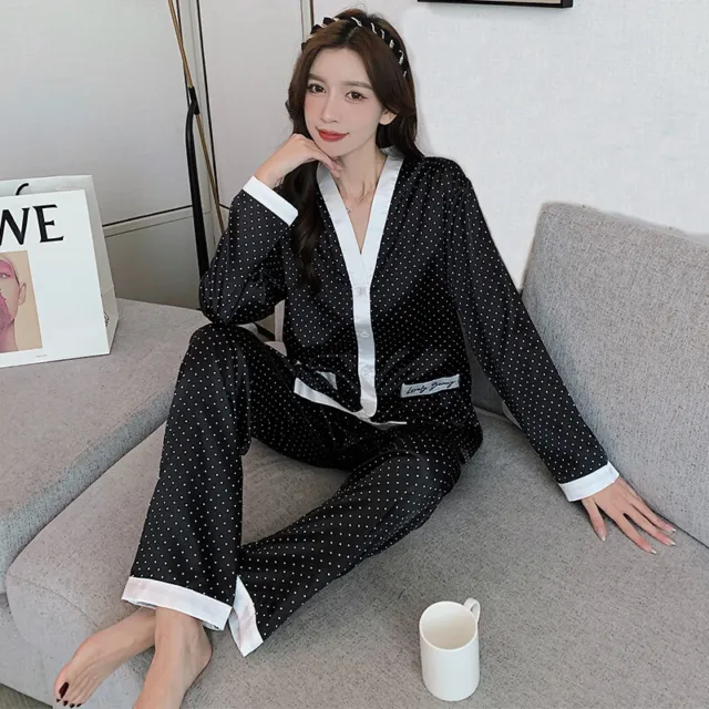 Women Lady Silk Satin Pajamas Set Long Sleeve Button-Down Sleepwear Homewear Pjs