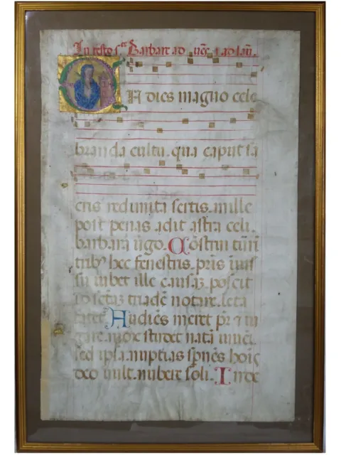 Grosses Beleuchtetes Messe Psalterblatt Mit Miniatur Von St. Barbara C.1480