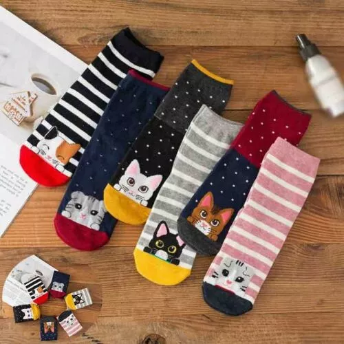 Cat Cotton 1 Socks Pairs Striped Mid-calf Cartoon Cute for Women Girls Soft