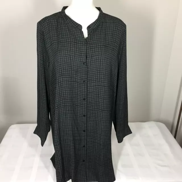 Eileen Fisher XL Tunic Shirt Silk Crepe Grid Pattern Long Sleeve