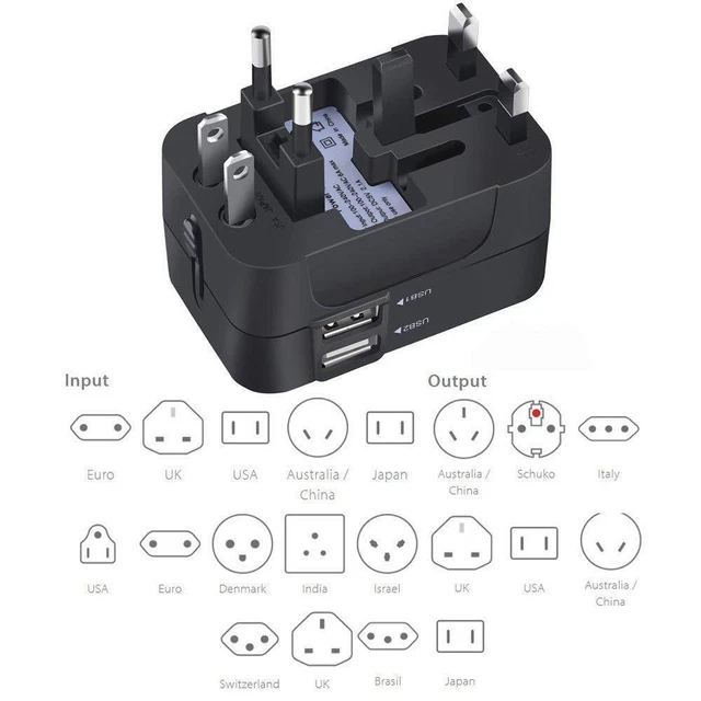 World Wide Travel Adapter Multi Plug Universal Charger UK EU AU US 2 USB Port