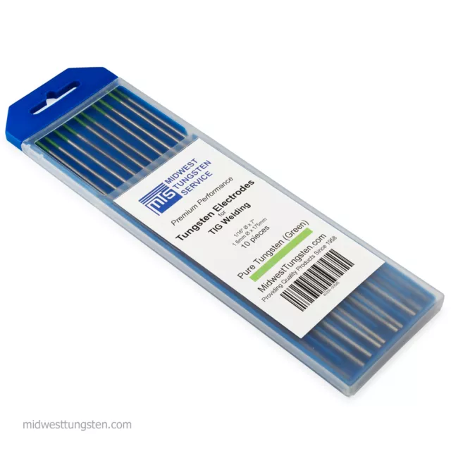 TIG Welding Tungsten Rod Electrodes Pure Tungsten 1/16” x 7” (Green, WP) 10PK