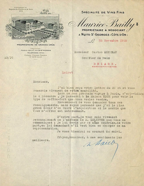 21 Nuits-Saint-Georges Courrier Vins Fins Maurice Bailly Proprietaire 1925