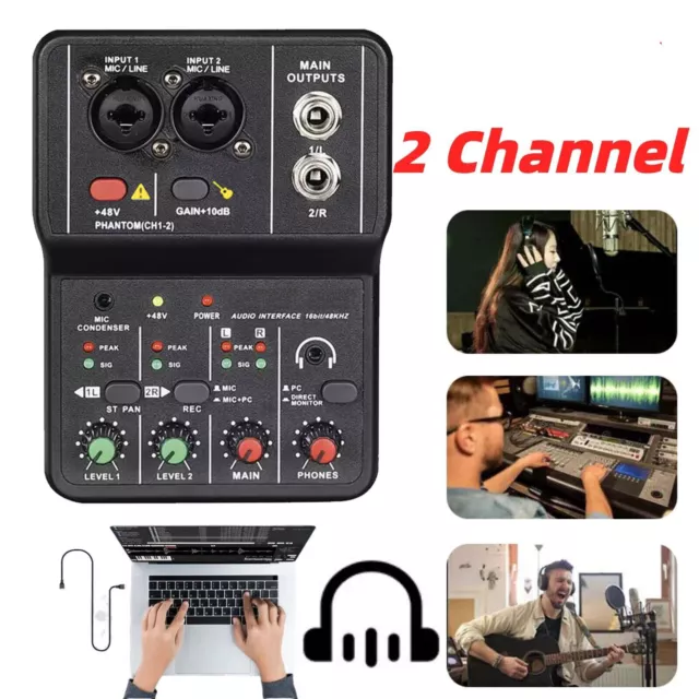 2 CHANNEL AUDIO Mixer Mini Sound Mixing Console USB DJ Music Live ...