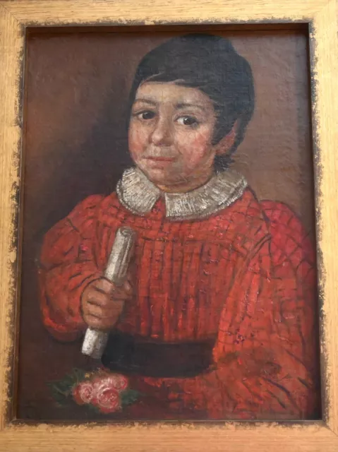 Authentic early 19th Century Spanish Colonial Painting Boy w/ Scroll 14" X 18" 2