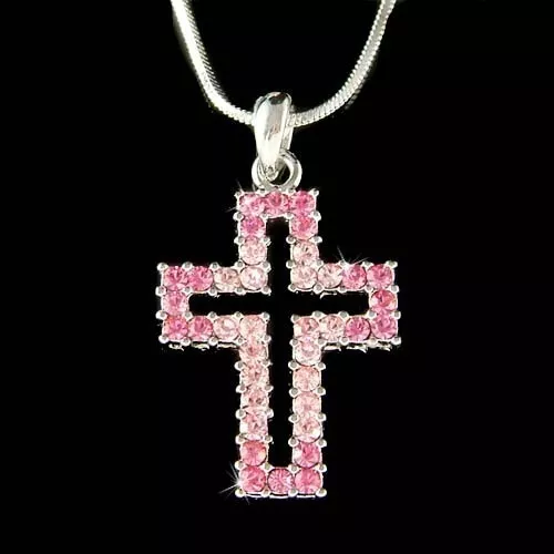 ~Pink Rose Cross made with Swarovski Crystal Jesus Christ God Religious Necklace