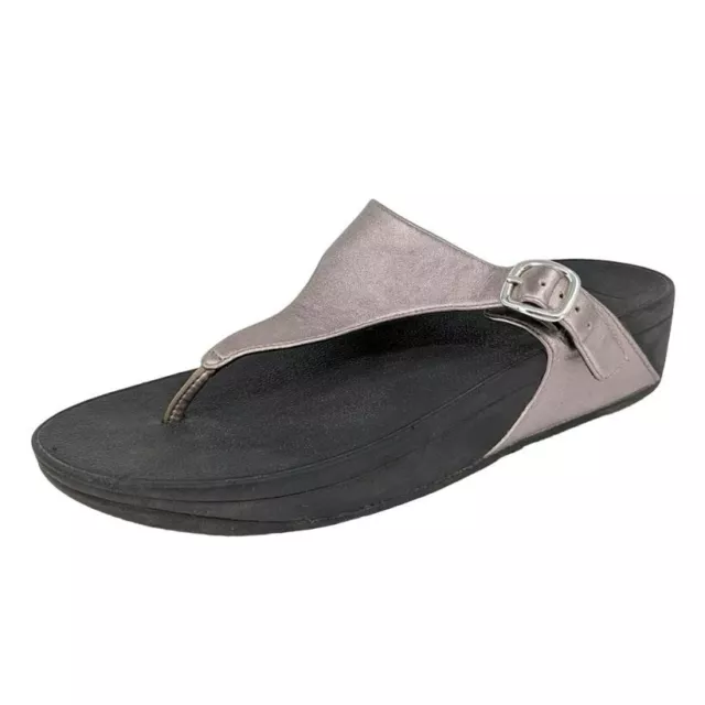 FitFlop The Skinny Flip Flops 9 Sandals Metallic Pewter Side Buckle Thong A96054