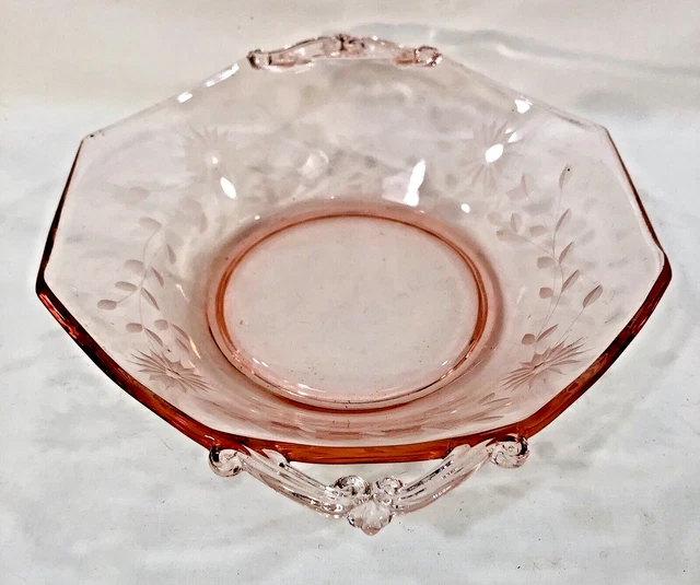 VINTAGE PINK DEPRESSION Glass Etched Floral Elegant Handled Centerpiece