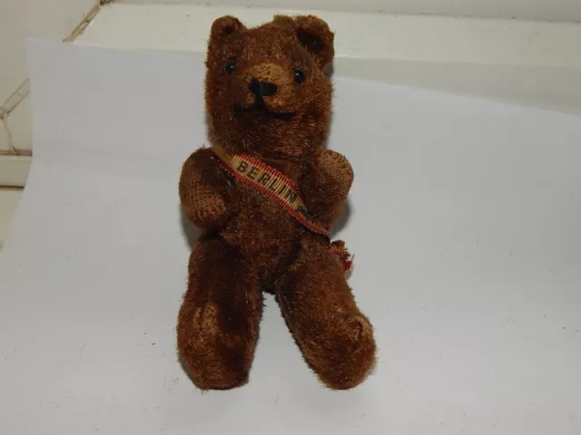 VINTAGE POST WAR BROWN MOHAIR MINIATURE BERLIN PIN JOINTED TEDDY BEAR H 11.5 cm