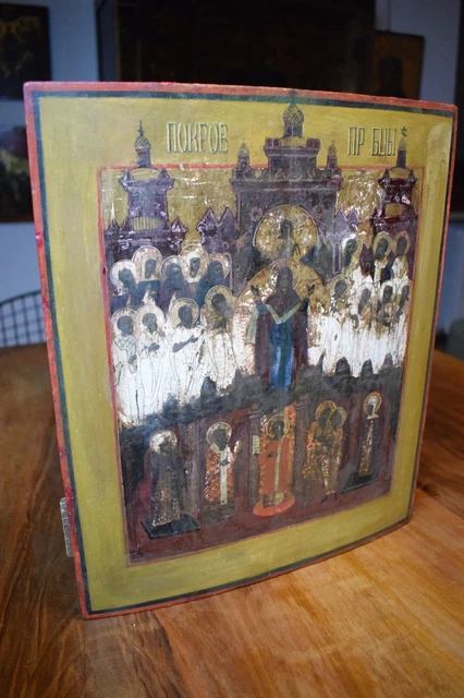 Antica icona russa Madonna di Pokrov Protezione della Madre di Dio XVIII secolo