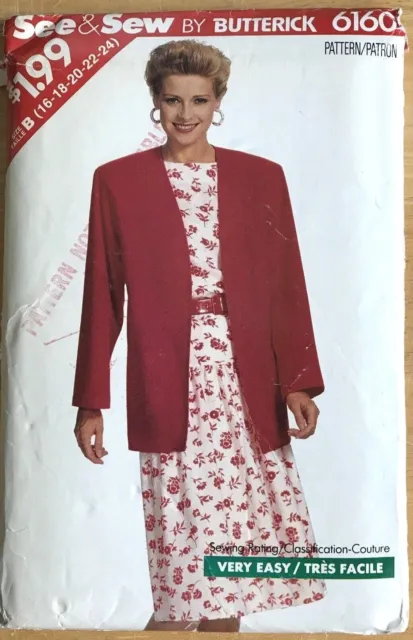 Vintage Butterick See & Sew Pattern 6160 - Misses' Jacket & Dress Sz 16-24