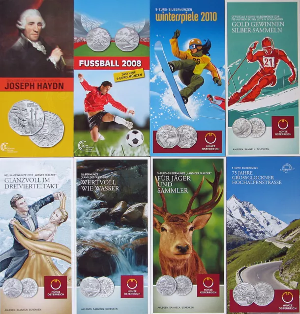8 St. Flyer/Folder 5 EURO Silber/Cu Gedenkmünzen Austria Österreich 2008-2013