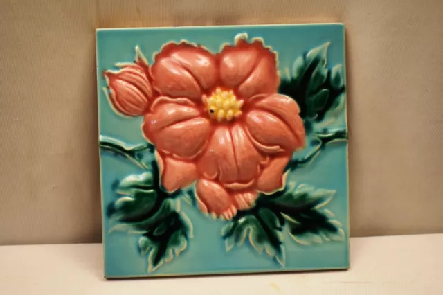 Ancien Saji Japon Carreau Majolique Art Nouveau Céramique Rose Haut Ciselé Rare