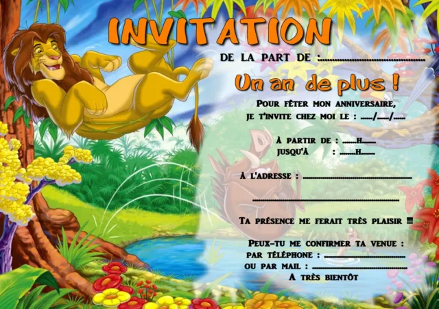 5 ou 12 cartes invitation anniversaire LE ROI LION réf 308